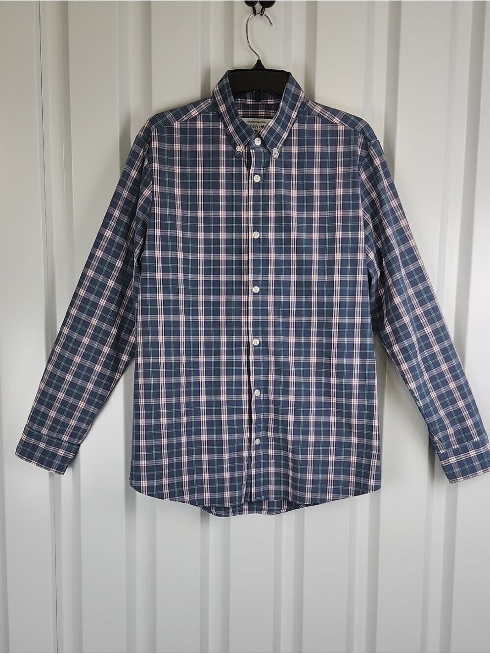 Mizzen+Main Mens Leeward Blue Red Plaid Button-Down Shirt Size Large Trim Fit